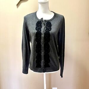 Talbots Black and Gray Lace Appliqué Cardigan Size Large
